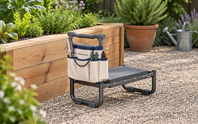 Heavy-duty garden kneeler and seat with tool bag, set up as a kneeler beside a raised cedar planter on a gravel patio, its tool bag hanging from the frame