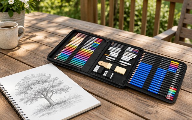 Caliart sketching kit, on a wooden picnic table on a backyard deck beside a sketchpad with a pencil drawing of a tree