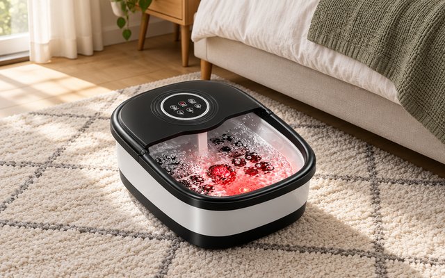 KNQZE collapsible foot spa, on a bedroom rug at the foot of a bed