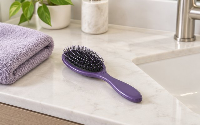 Wet Brush detangler, on a bathroom vanity beside a folded hair towel