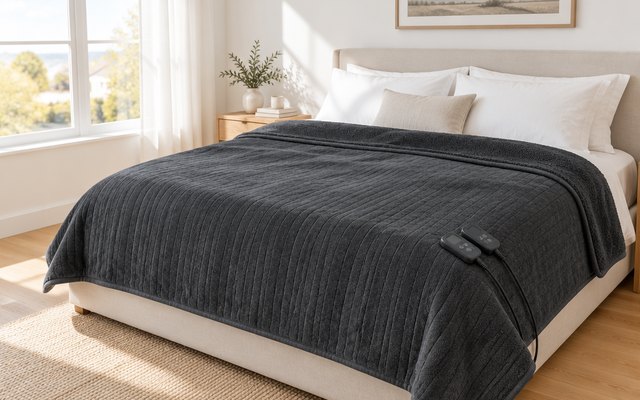 Bearhug dual-control heated blanket, spread over a king bed in a bright bedroom with morning sun through a big window