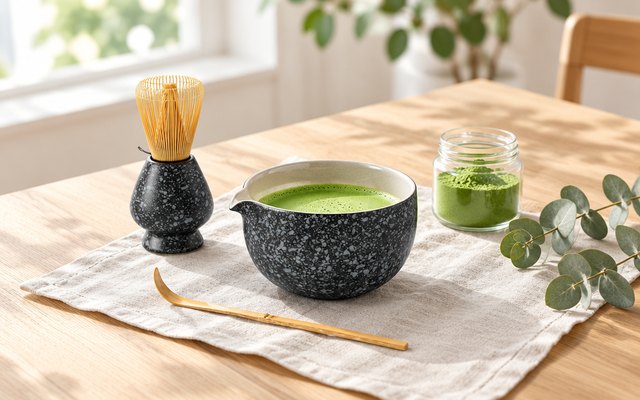 A black stone-textured spouted matcha bowl with a bamboo whisk on a sunny oak table