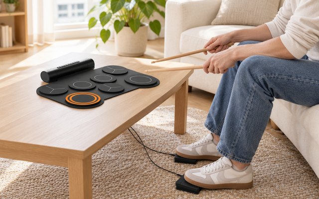 A roll-up electronic drum pad with foot pedals being played on a coffee table
