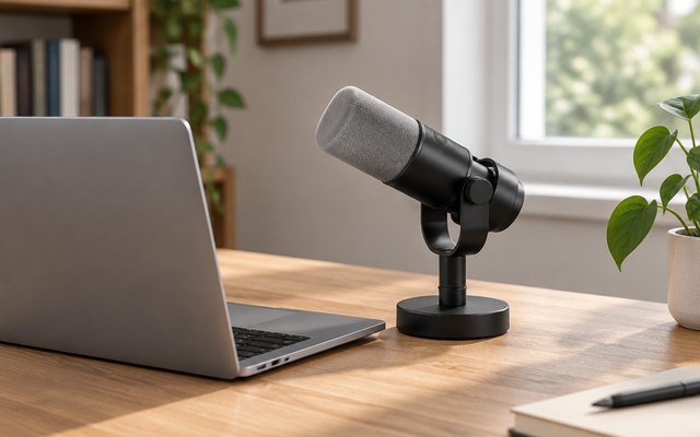 FIFINE AmpliTank K688 microphone, on a home office desk beside a plain laptop with no logo, a home podcast setup