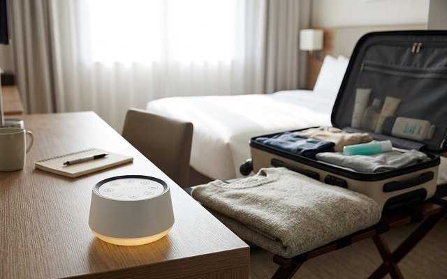 A small round white sound machine with a soft glow at its base on a hotel desk, beside an open suitcase and a folded sweater