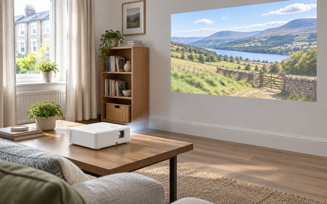 Epson CO-W01 projector, on a coffee table in a bright British living room with the curtains open, projecting a colourful countryside picture onto a white wall