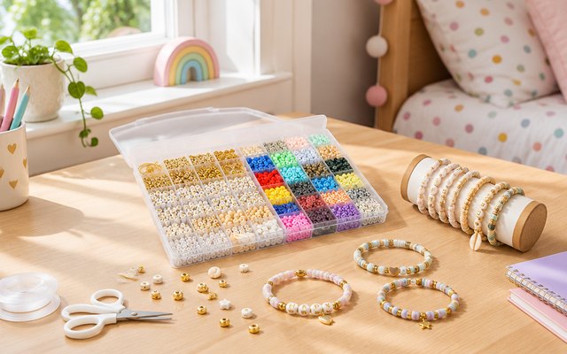 Lynnmos clay bead bracelet kit, on a child's bedroom desk by a window, a few finished friendship bracelets beside it