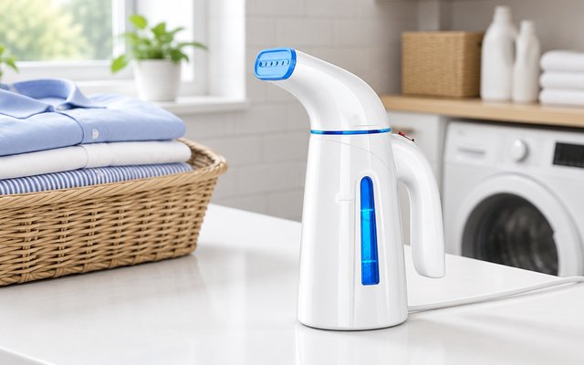 OGHom handheld steamer, on a white laundry room counter beside a basket of folded shirts