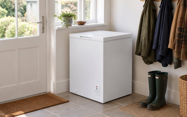 Willow 99L chest freezer, in the bright back porch of a British house, wellington boots on a mat and coats on hooks beside it