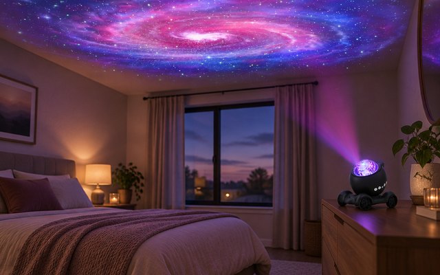 ENOKIK galaxy projector, on a dresser in a cozy adult bedroom, colorful nebula light across the ceiling
