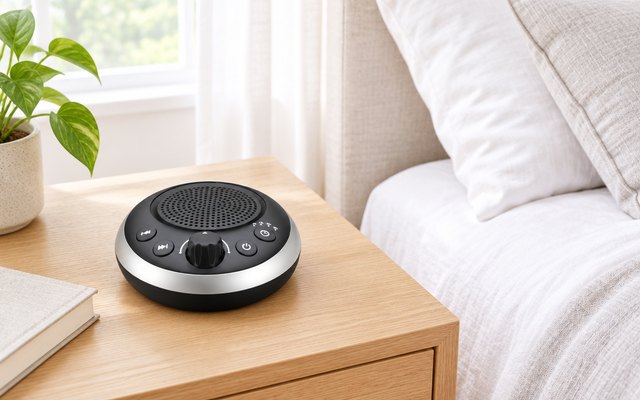 iDealSleep sound machine, on a light oak bedside table in a bright bedroom