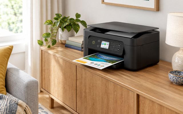 Epson XP-4200 printer, on a living-room sideboard with a colour print