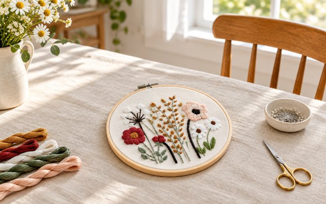 Santune floral embroidery kit, on a linen tablecloth in a sunny dining room beside skeins of thread and small scissors