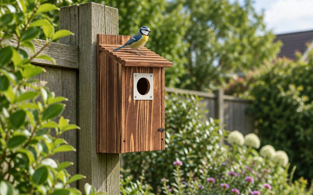 UUMENHA birdhouse, mounted on a wooden fence post in a backyard garden