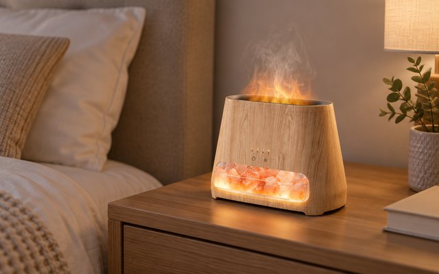 SALKING diffuser and salt lamp, glowing softly on a nightstand in a cozy bedroom, a fine mist rising