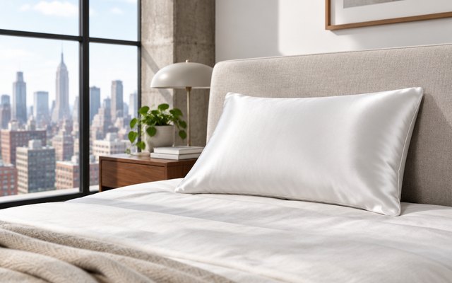 Blissy silk pillowcase, on a bed in a minimalist loft bedroom with a big window and a city view
