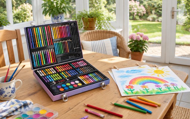KINSPORY art kit, open on a craft table in a British conservatory, a child's painting drying beside it