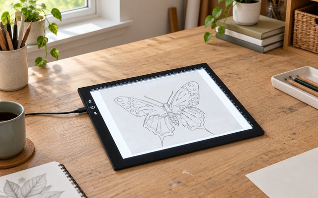 HSK A4 tracing light pad, on a craft desk in a spare-room studio