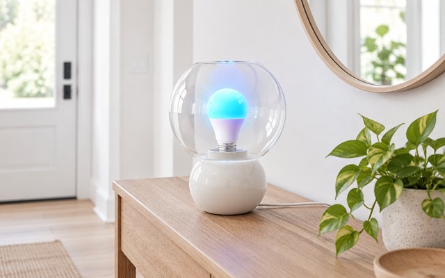 Linkind color smart bulb glowing blue in a clear glass table lamp in a hallway