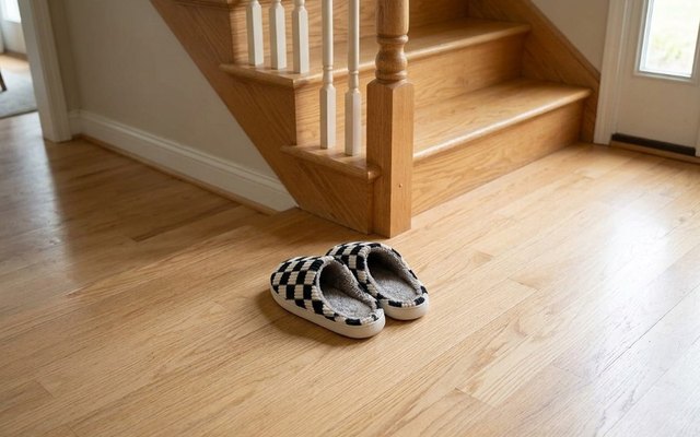 Black and cream checkered fuzzy slippers on a light oak hallway floor at the foot of the stairs