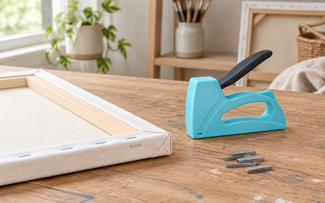 Light-duty staple gun, on a craft table beside a canvas being stretched over a wooden frame
