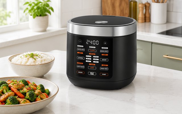 COSORI 10-cup rice cooker, on a white quartz counter in a bright family kitchen beside a bowl of rice and a stir-fry