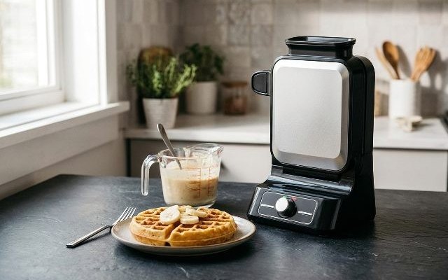 Upright Belgian waffle maker, on a slate counter with a measuring cup and a waffle