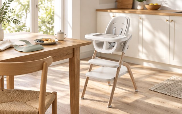 Graco EveryStep Slim 6-in-1 Highchair, slim high chair pulled up to a wooden kitchen table, a plate of breakfast and a bib on the table, morning sun