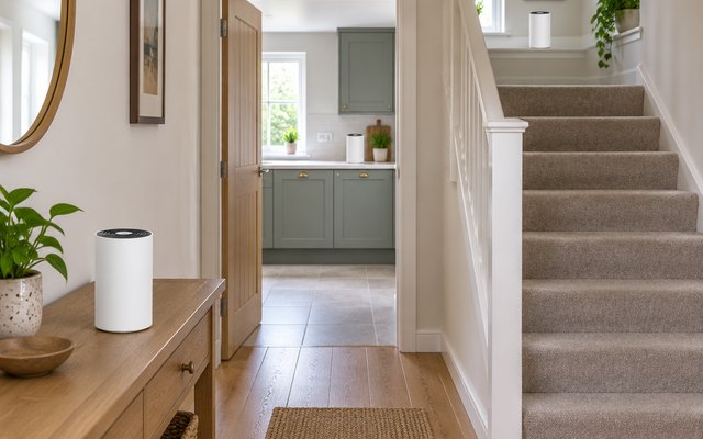 Three tall white mesh Wi-Fi units with black tops placed through a family home's hallway, landing and kitchen