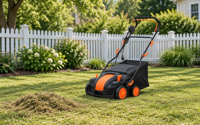 WEN electric dethatcher, on a large suburban backyard lawn beside a white picket fence, a small pile of raked thatch nearby
