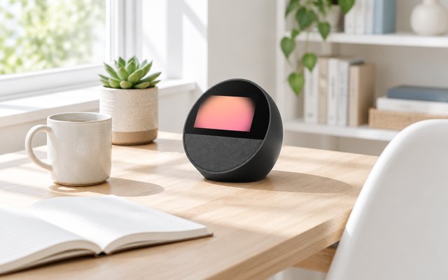 Echo Spot in black, on a home office desk