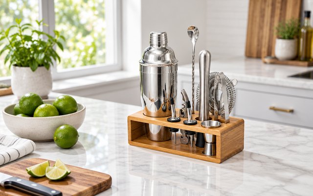Semderm 10-piece cocktail shaker set, on a white marble kitchen island beside a bowl of limes and a small cutting board