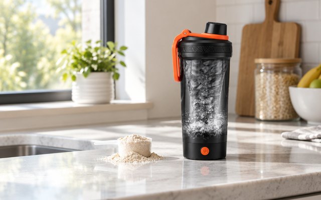 VOLTRX Gallium electric shaker, on a kitchen counter in the morning beside a scoop of protein powder