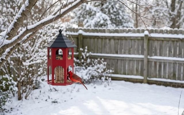 Red hexagonal hopper feeder with a black roof hanging from a maple branch in a snowy backyard