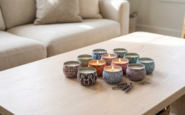 A dozen small patterned candle tins in different colours on a pale coffee table, four of them lit