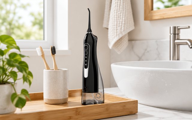 COSLUS cordless water flosser, on a wooden bathroom tray beside a toothbrush cup