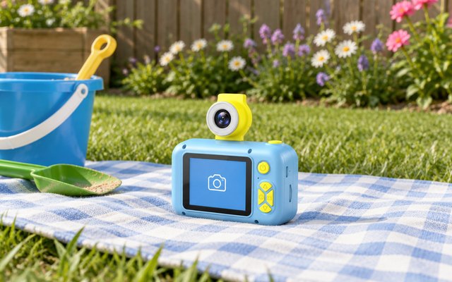 ARNSSIEN kids' camera, on a picnic blanket on a garden lawn beside a bucket and spade, a fence and flowers behind