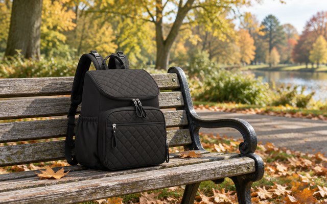 LORADI changing bag backpack, on a wooden park bench in a park in autumn