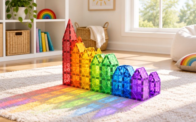 Rainbow magnetic tile houses on a playroom rug