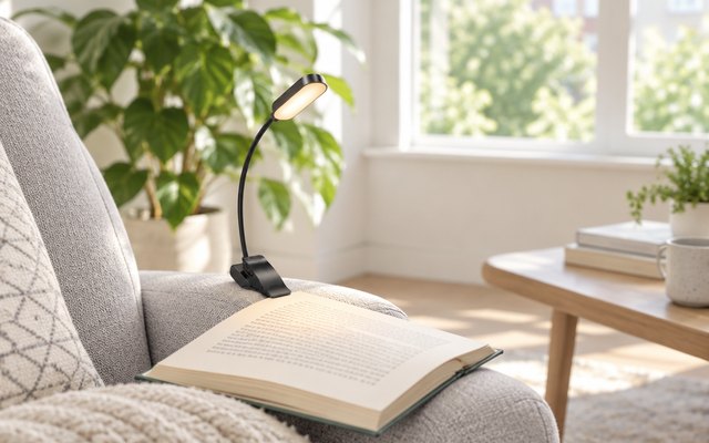 A black round-headed clip-on book light on a flexible neck, clipped to an open novel on an armchair