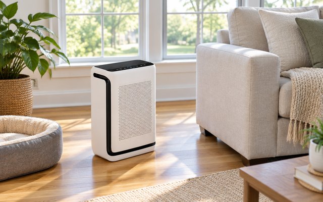 Levoit Vital 200S-P air purifier, standing on the hardwood floor of a bright, spacious American living room beside a sofa, a dog bed nearby and large windows be