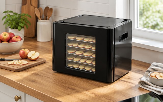 Nebula food dehydrator, on a British kitchen worktop, its trays filled with apple slices