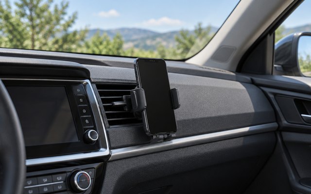 Lamicall vent phone holder, in the dashboard of a family sedan, seen from the passenger seat on a sunny day