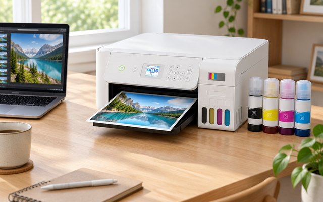 Epson EcoTank ET-2803 Wireless All-in-One Supertank Printer, printer on a home office desk beside a laptop, a printed photo in its tray, daylight