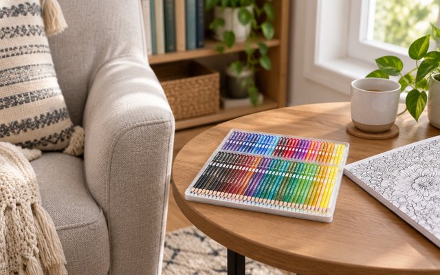 KALOUR colored pencils, on a side table next to an armchair in a cozy living room beside an adult coloring book