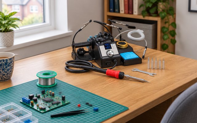 YIHUA soldering station, on a desk in a British spare room beside a circuit board kit on a mat