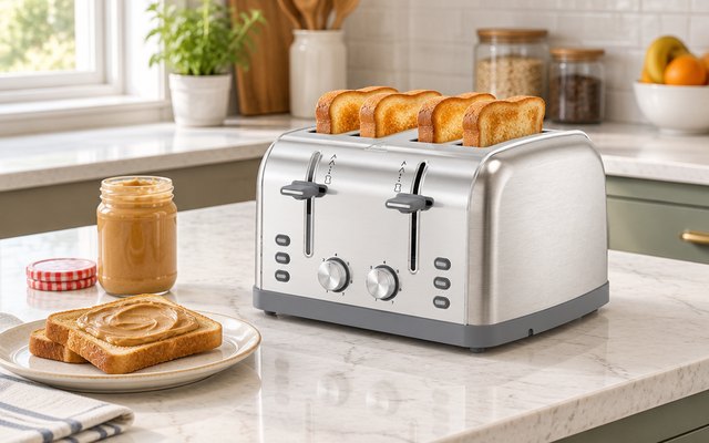 LAINSTEN retro 4-slice toaster, on a family kitchen island beside a jar of peanut butter and a plate of toast