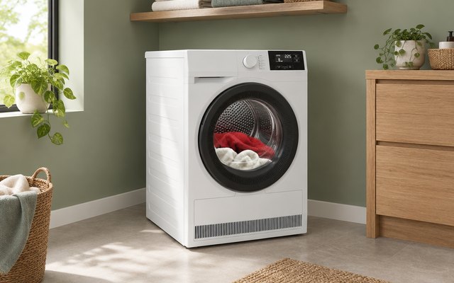 AEG 7000 SensiDry tumble dryer, in a laundry room with a sage green wall and a wooden shelf of folded towels above