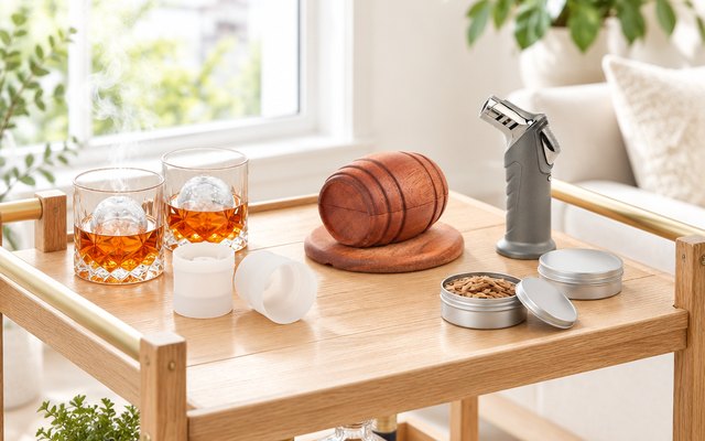 Barrel-shaped wooden smoker with two whiskey glasses, ice spheres and a torch on a light oak bar cart