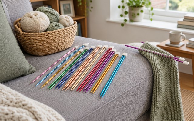 Coloured aluminium knitting needles, on a sofa arm with balls of wool and a half-knitted scarf